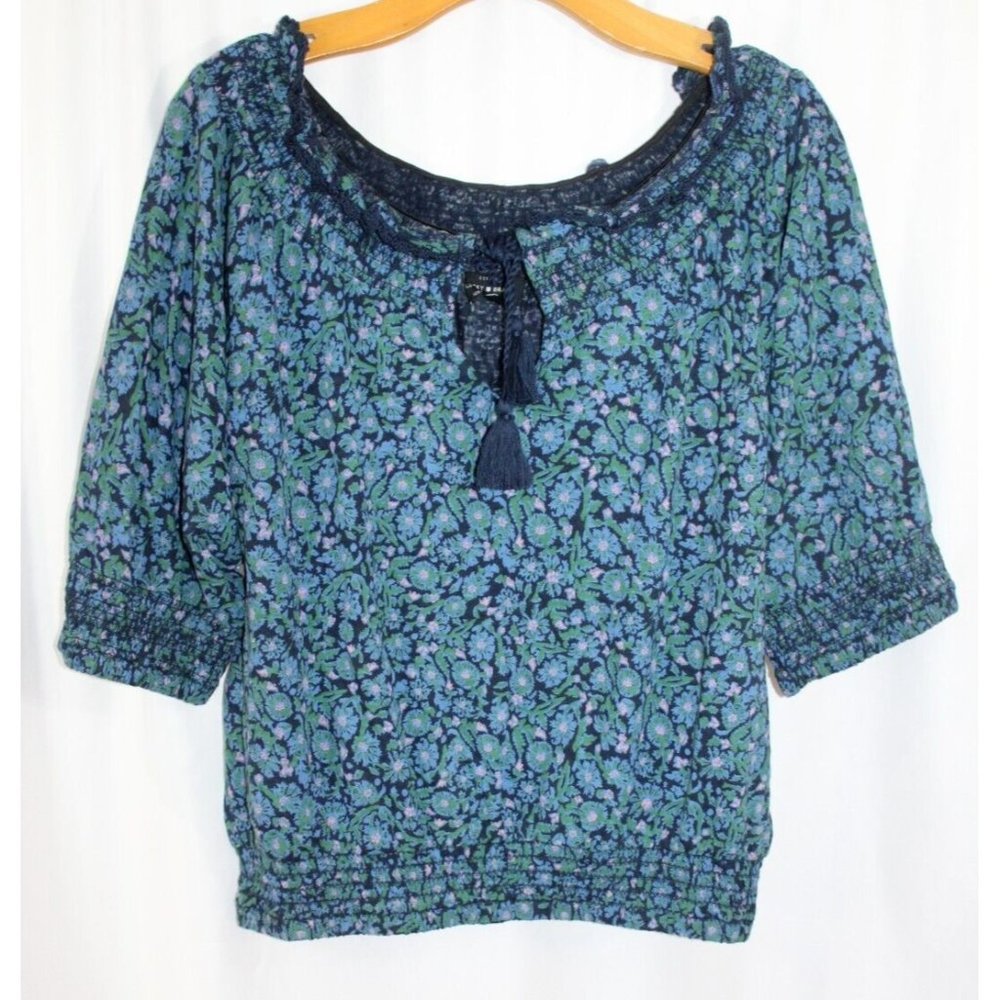 Lucky Brand Womens Blue Floral Short Sleeve Smocked Tie Neck Top M